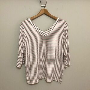 J Jill Top Womens Large Red Black Stripe Double V Neck Bell Sleeve Blouse